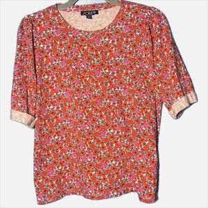 J.Crew Orange Pink Floral Top Short Sleeve Cuffed Sleeve Crew Neck size small